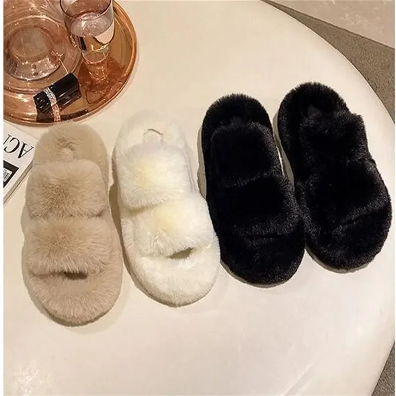 

Winter Open Toe Slipper Fashion Fur Thick Sole Flats Heel Ladies Casual Slip on Bedroom Shoes Soft Outdoor Slides Shoes
