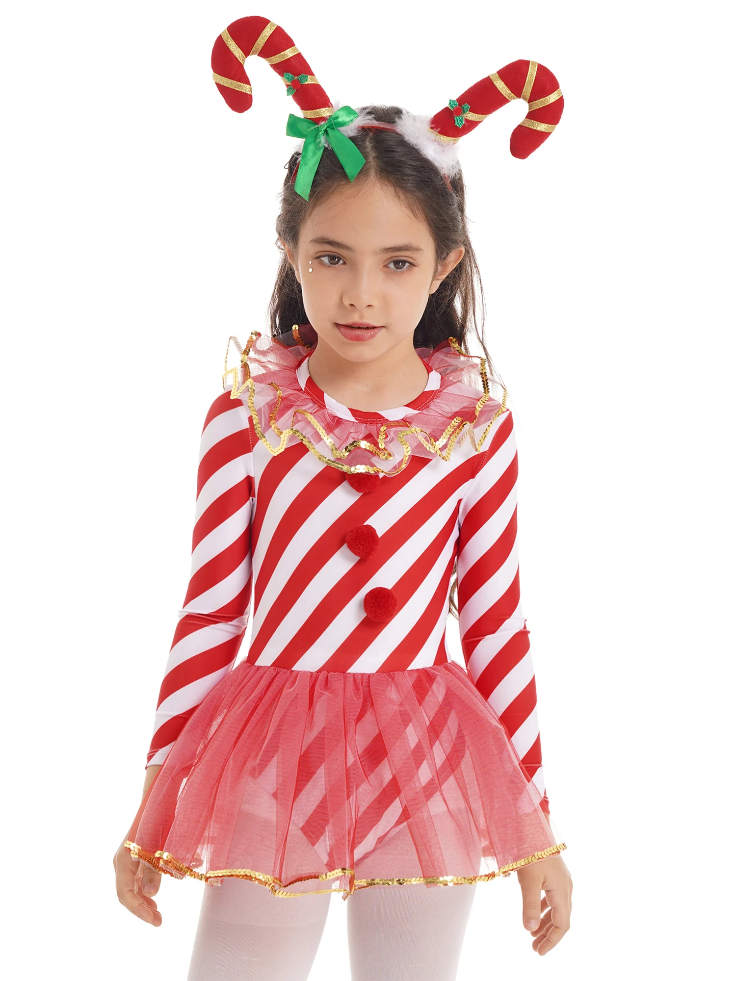 

Kids Girls Candy Cane Christmas Costume Long Sleeves Stripes Print Mesh Dress Leotard Tutu Ballet Skating Performance Dancewear