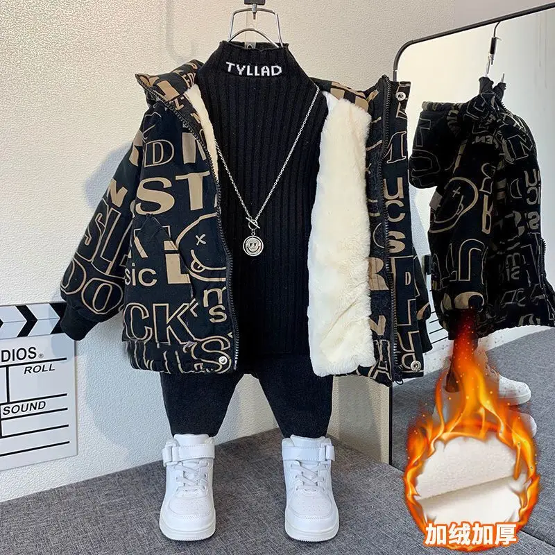 Kids Jackets Kids 4 6 8 10 12 Years Boys Jacket Autumn Winter Plus Velvet Warm Teen Kids Jackets Fashion Letter Zipper Hooded Boys Coat