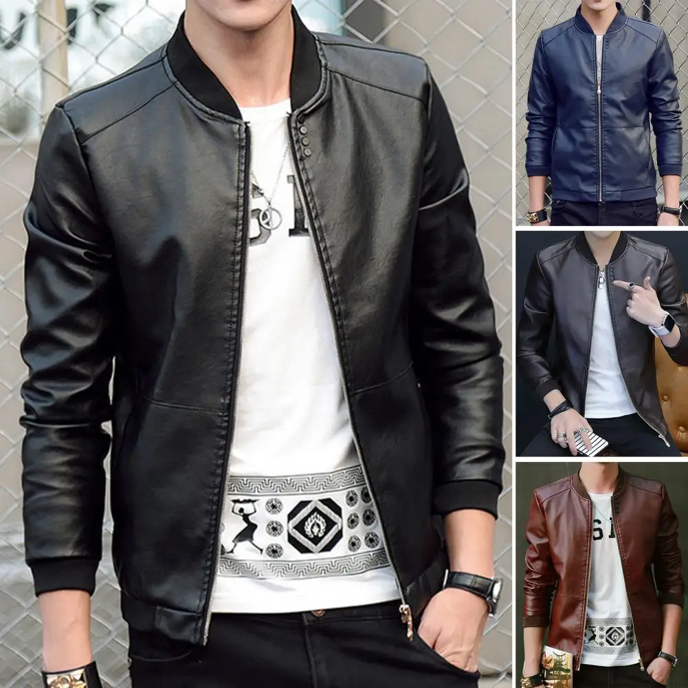 

Men Jacket Style Coat Spring Faux Leather Jacket Men's Stand Collar Faux Leather Jacket Stylish Zipper Placket Long for Spring
