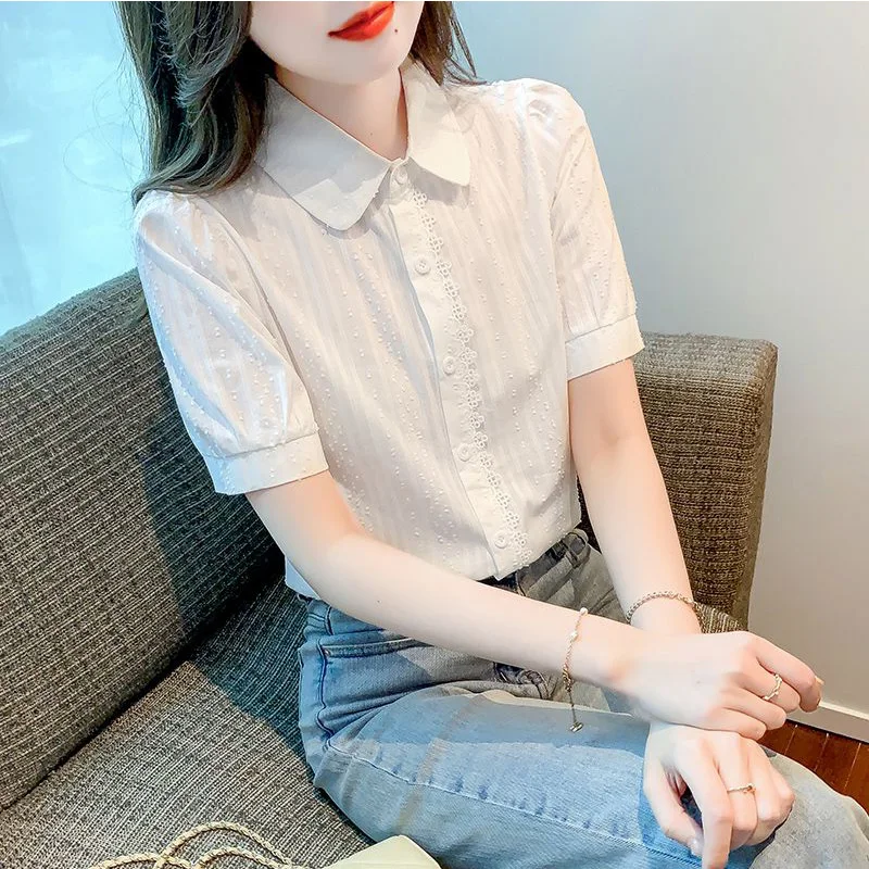 

2024 New Summer Office Lady Loose Casual Korean Style Women's Shirt Solid Color Lace Splicing Button Lapels Short Sleeve Tops