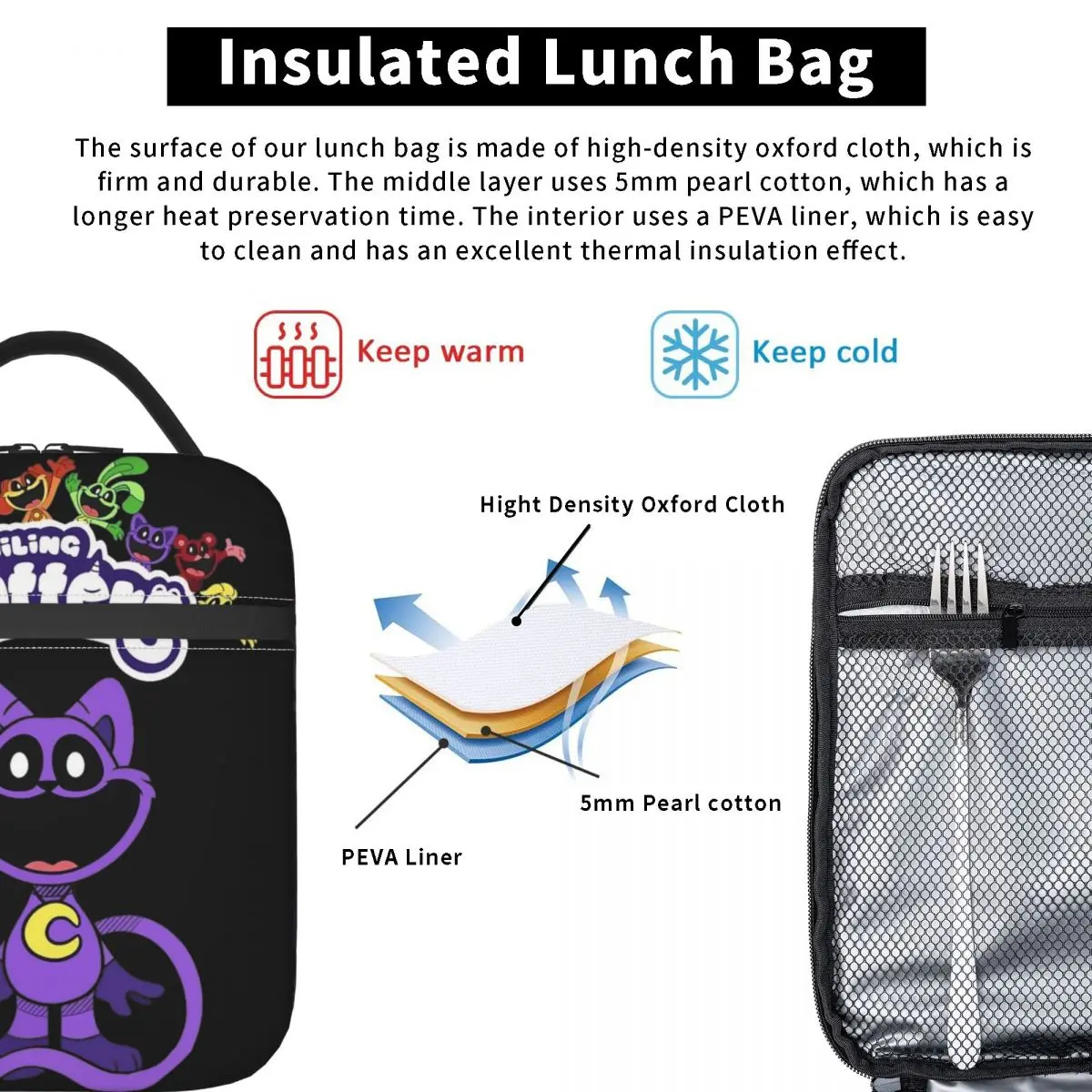 CatNap Smiling Critters Thermal Insulated Lunch Bags for Travel Funny Character Portable Bag Men Women Thermal Cooler Lunch Box