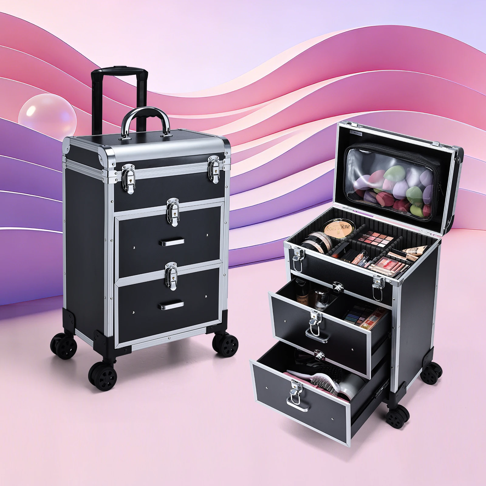 Grand chariot à cosmétiques professionnel avec serrures, mallette de maquillage roulante avec tiroirs, organisateur de rangement de cosmétiques, trousse de maquillage