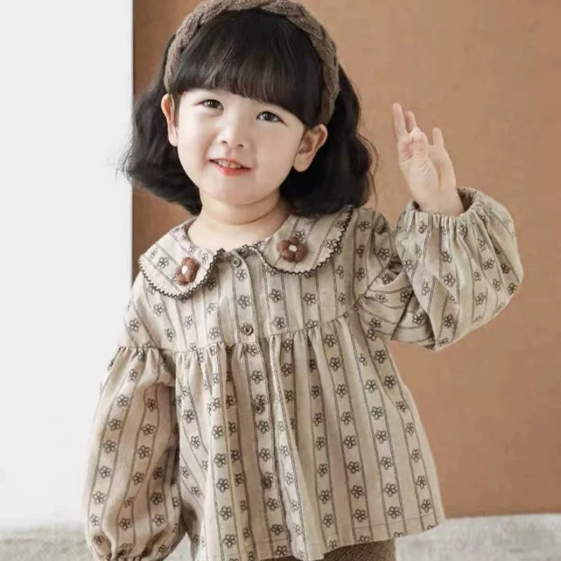 Girls Shirt 2023 Spring Autumn Loose Style Shirt Vintage Floral Printed