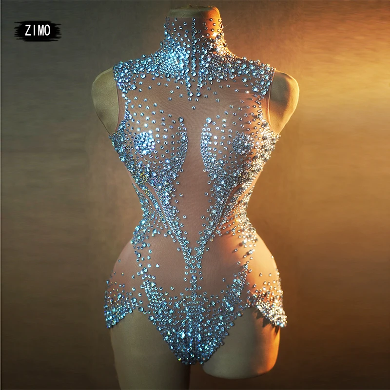 

2024 sparkle sexy rhinestones bodysuit women perspectivity mesh See through party nightclub birthday leotard pole dance stage