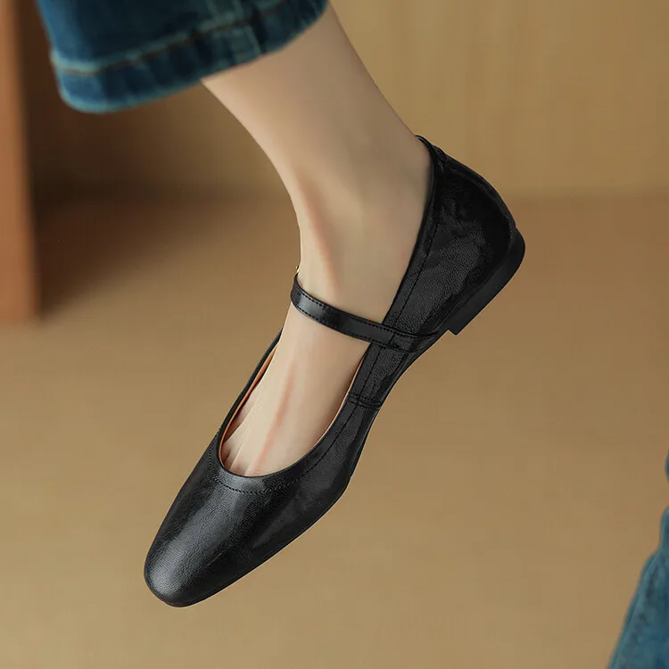 Mary Janes Buckle Strap Round Toe Flat with Heels Women Shoes Sewing Genuine Sheepskin Leather Femme De Luxe Designer
