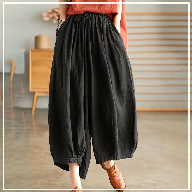 2024 New Summer Loose Oversize Casual Versatile High Waisted Slimming Retro Artistic Solid Color Linen Lantern Pants for Women oversize new suspenders loose oversize western style slim artistic retro loose high waist harun jumpsuit