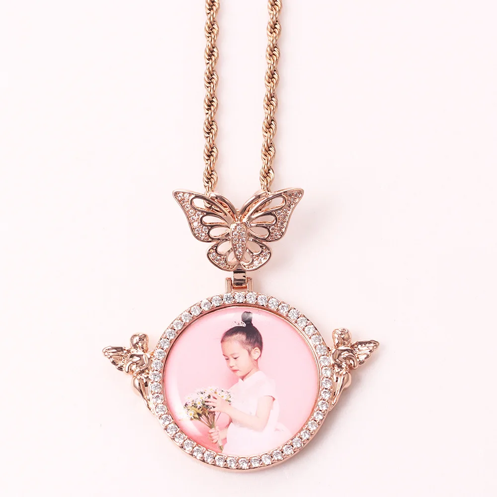 Hip-Hop Hipster Photo Butterfly Head Pendant Micro-Inlaid Zircon Private Customized Personalized Photo Angel Necklace
