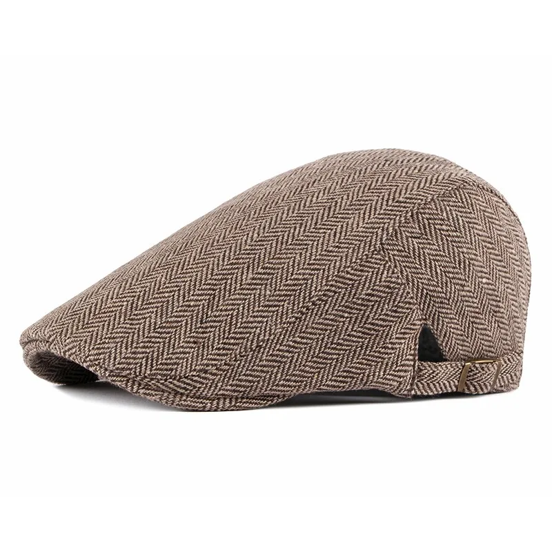 Newsboy Cap Men Winter Wool Thick Warm Vintage Herringbone Casual Stripe Berets Gatsby Flat Hat Peaked Cap old style Adjustable