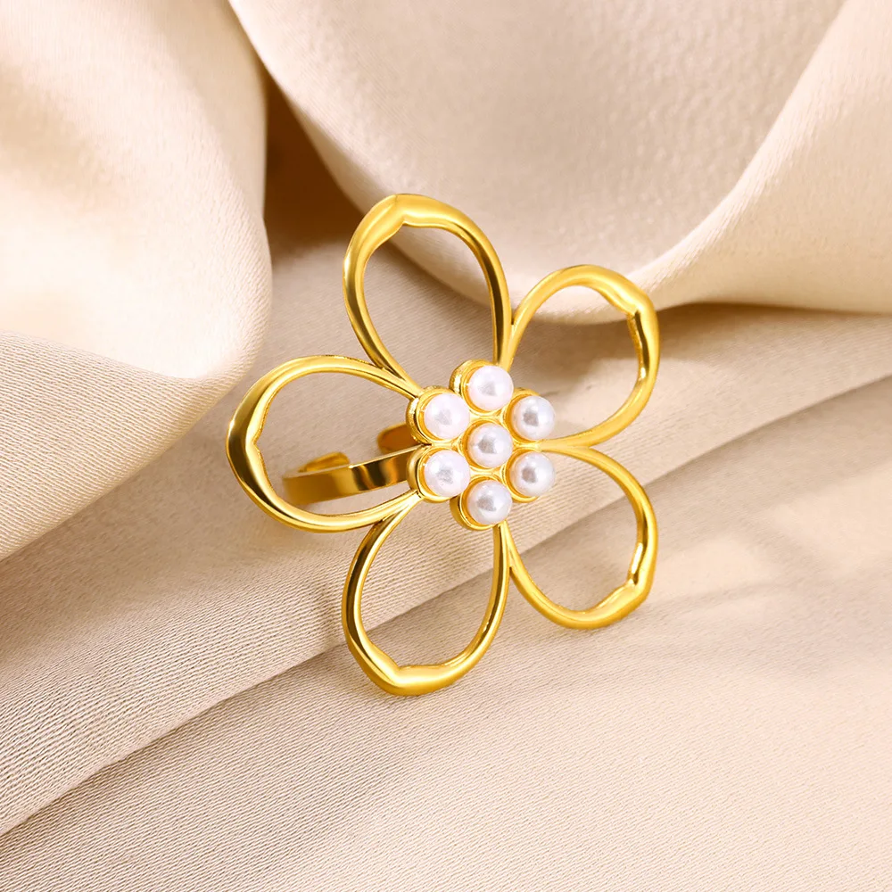 Stainless Steel Big Flower Pearl Rings For Women