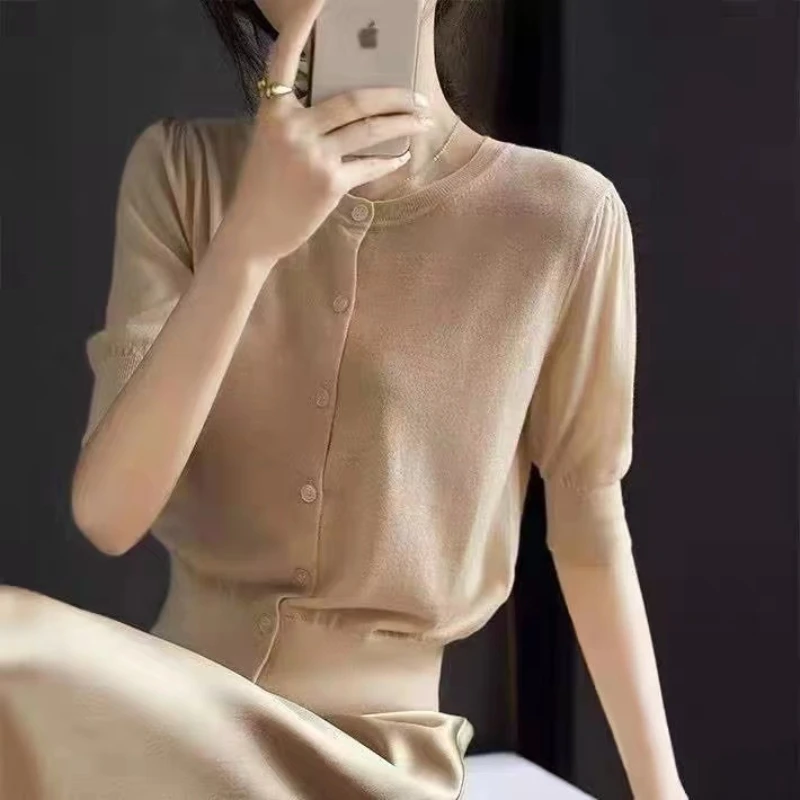 여성용 아이스 실크 반팔 가디건, 단색 라운드넥 단추, 기본 가디건 티셔츠, 얇은 아이스 실크 탑, 한국 패션, 여름