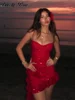 Sexy Ruffle Sling Dress Women Red Beach Sleeveless Backless Mini Female Dresses 2025 Spring Summer Lady Vacation Party Robe 4