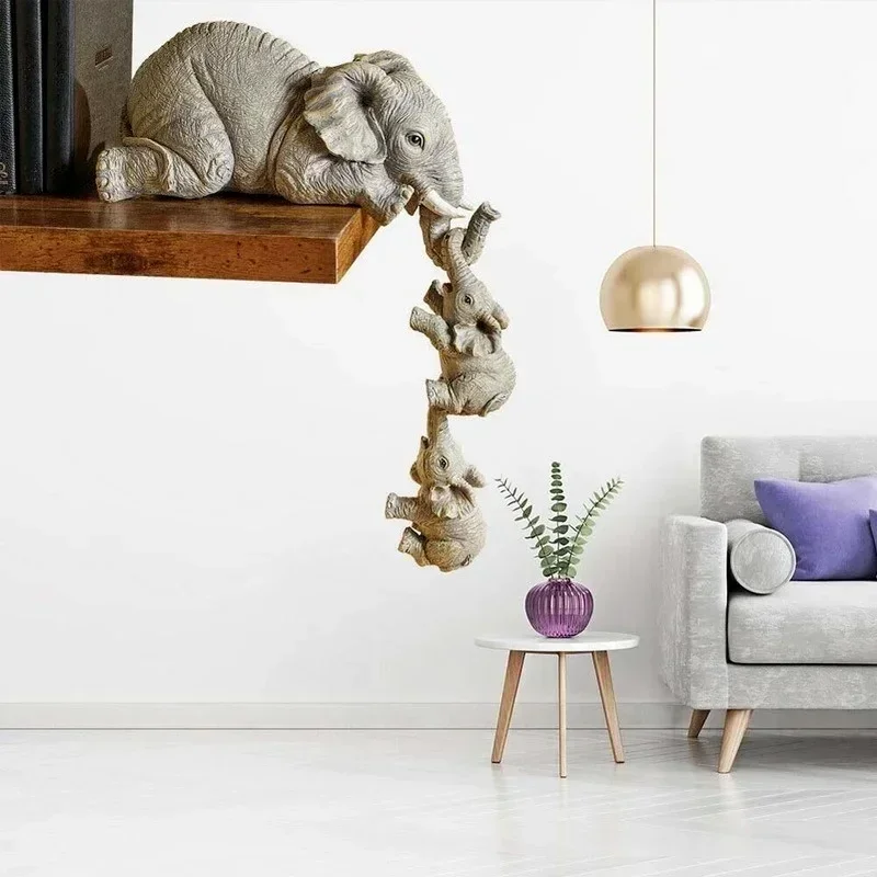 

3-piece set of cute elephant statue holding baby resin crafts high-end art creative home accessories