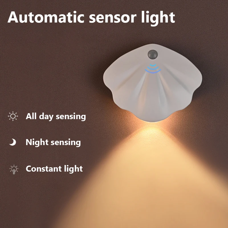 

LED Shell Humen Sensor Night Light USB Rechargeable Magnetic Induction Wall Lamp 3 Colors Bedside Sleep Lights for Bedroom Stair