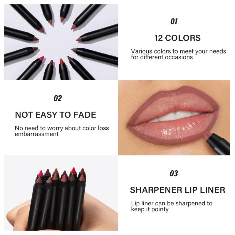 12 Colors Waterproof Matte Lipliner Pencil Red Contour Tint Lipstick Long Lasting Non-stick Cup Moisturising Lips Makeup Gift