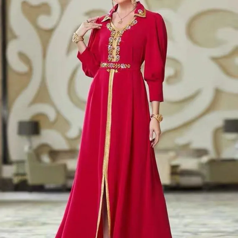 Dubai Abaya Luxury for Muslim Women Elegant LFloral Embroidery Diamonds Lace Tape Belted Kaftan Abayat Ramadan Dress