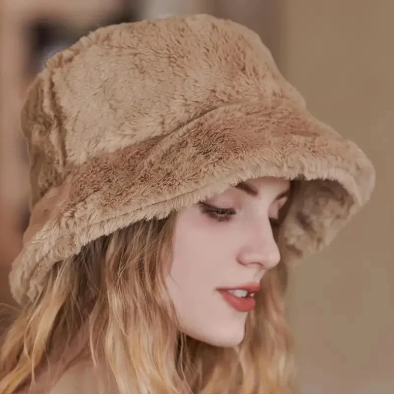 Autumn Winter Women Bucket Hat Soft Faux Rabbit Fur Panama Casual Hat,women bucket hat,women hat,bucket hat