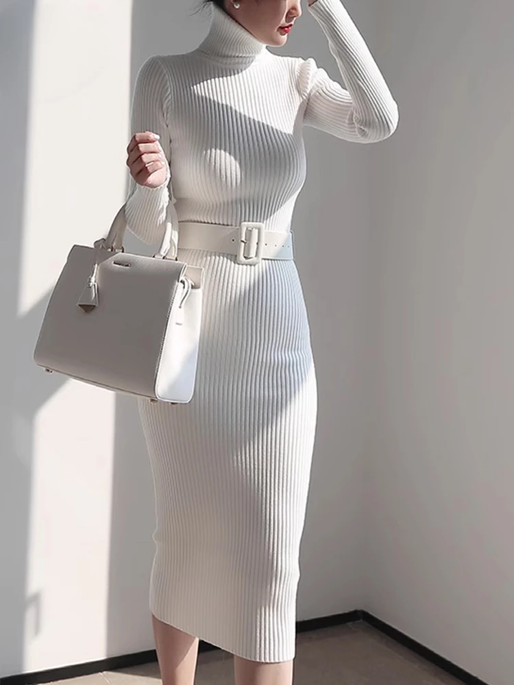 

Knitted Turtleneck Sweater Bodycon Dress Bottoming Women Soft Elastic Autumn Winter Midi Party Dresses with Belt
