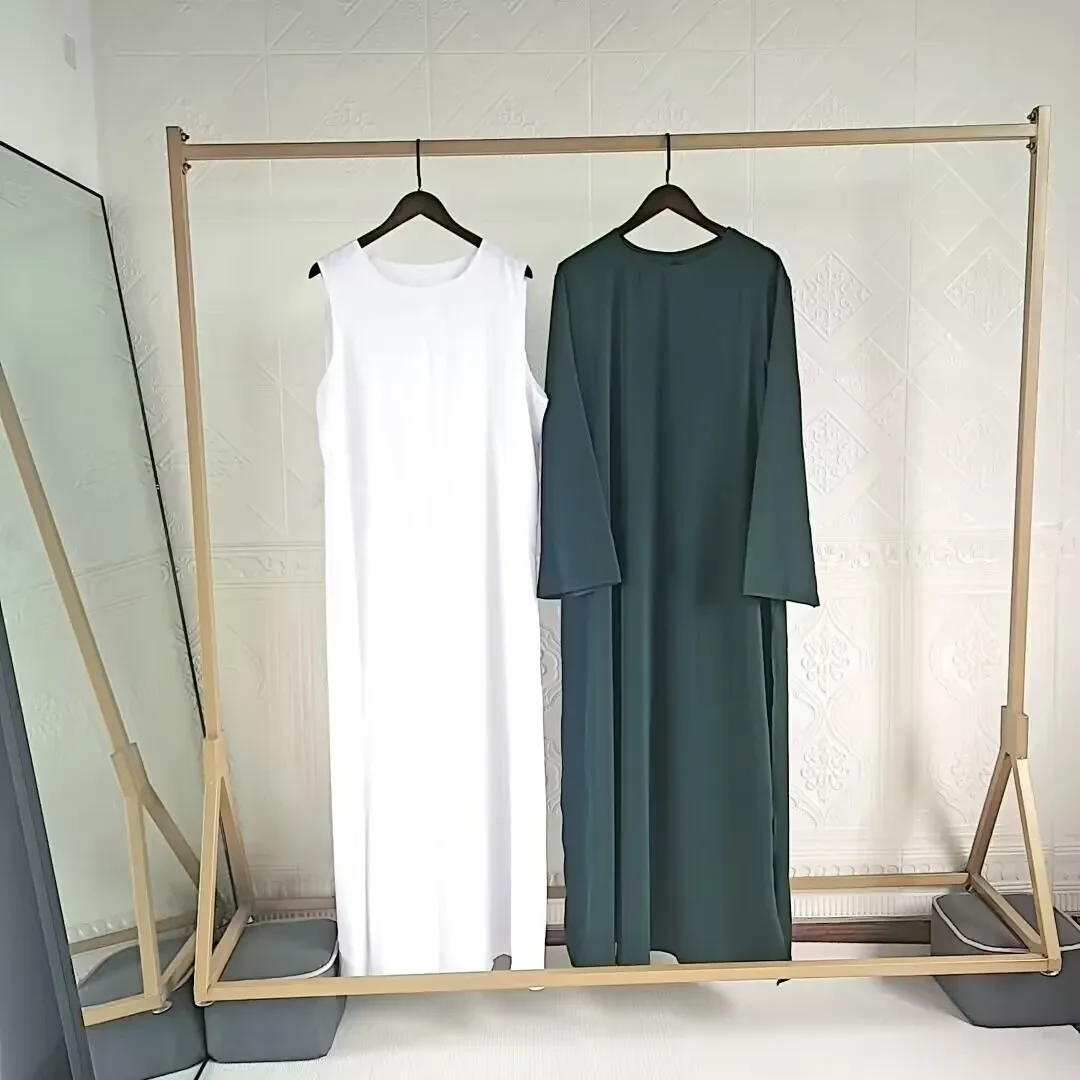 Muslim 2 Piece Set casual Abaya+ White Inner Dress Plain Abayas for Women Dubai Turkey Ramadan Eid Islam Clothing Prayer Outfit