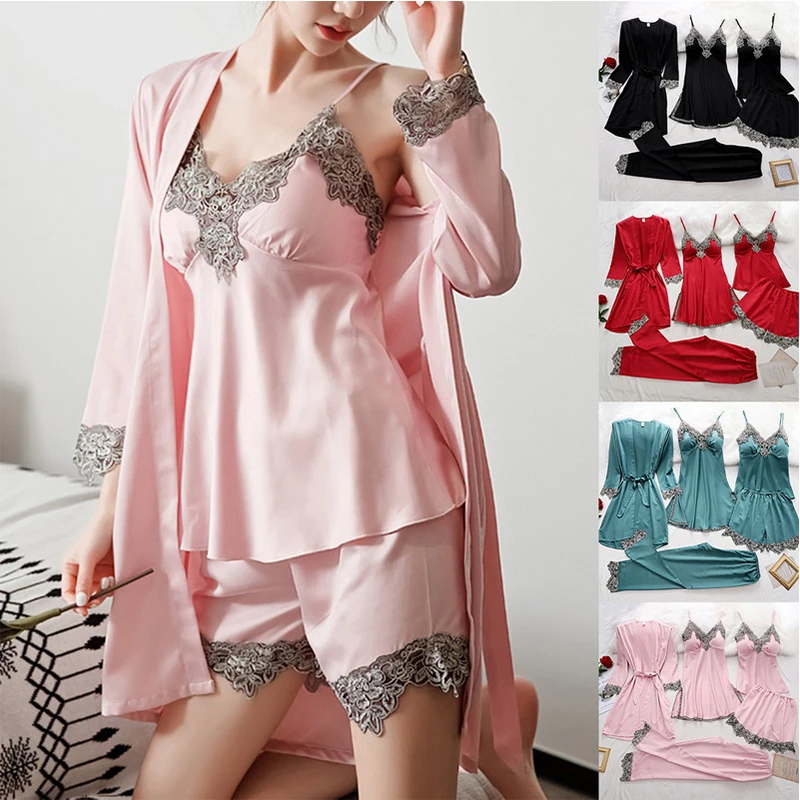 

Womens 5PCS Silk Robe Sleep Suit Lace Satin Pajamas Gown Set V-Neck Cami Nighties Wear Pijama Home Nightwear Spring Nightdress