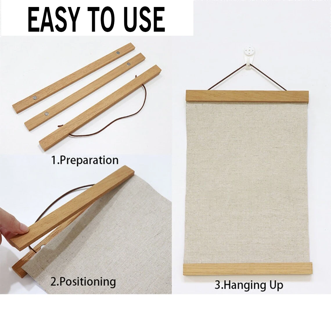 Magnetic Poster Hanger Teak Pine Wood Scroll Painting Frame Wood Photo Frame Black White Canvas 21 30 40 50 60cm