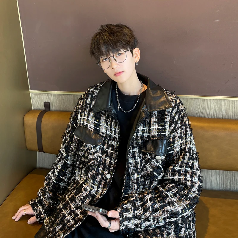 

2023 Autumn and Winter Fashion New Men's Casual Lapel Streetwear Single Breasted Hoodless Jackets / Male Loose Plaid Coats L160