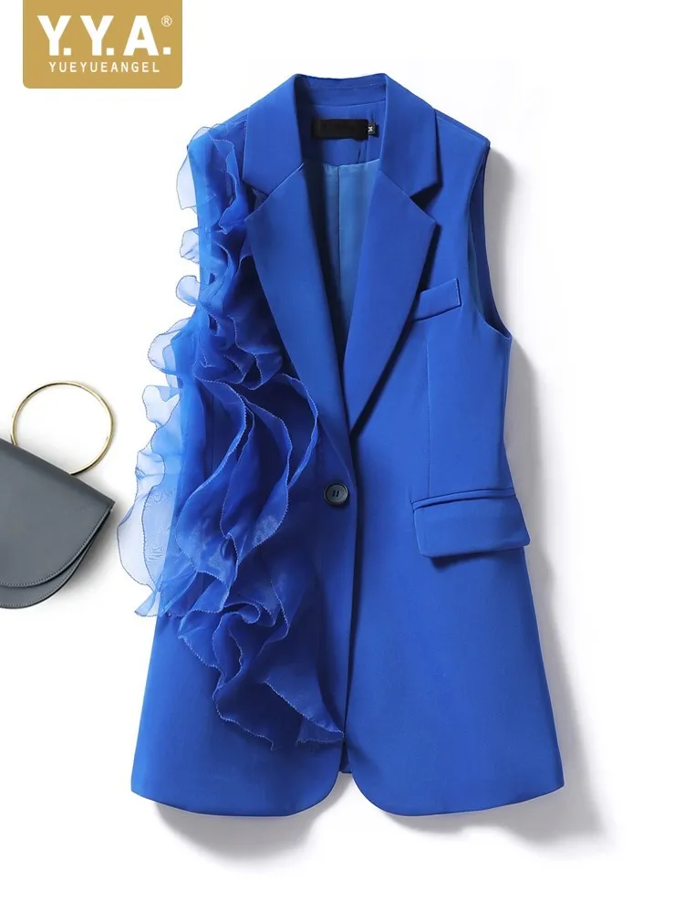 

Black Suit Vest Women Spring Autumn New Splice Chiffon Ruffles Sleeveless Jackets Single Button Office Lady Waistcoat M-2XL