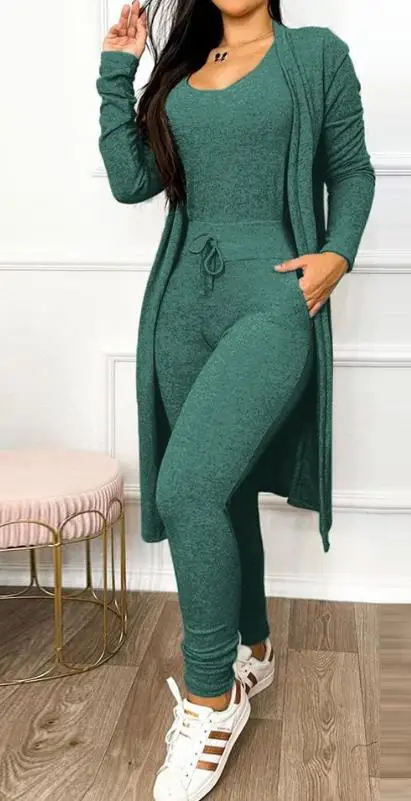 Jumpsuit Women Fashion 2203 Autumn Two Piece U-Neck Sleeveless Drawstring Pocket Design Jumpsuit Suit Set & Long Sleeve Coat Set