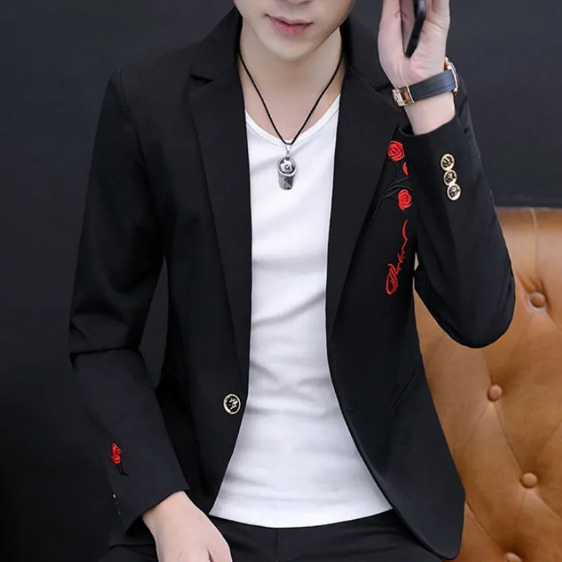 New explosive spring slim casual handsome embroidery pattern all matching style single west personality fashion men's clothing 6