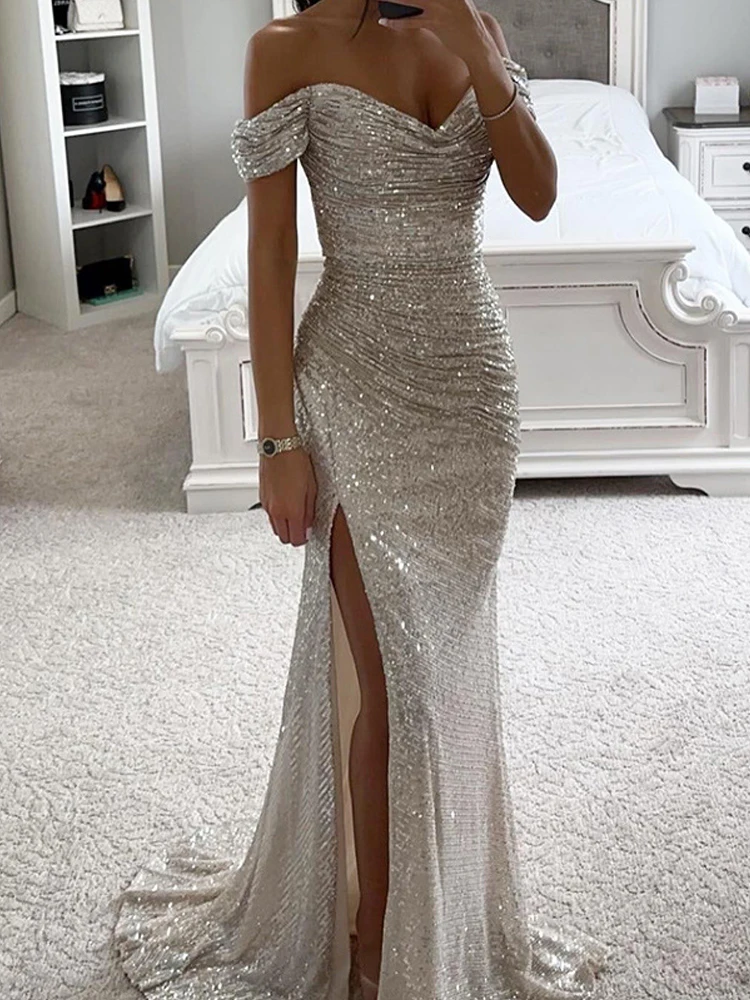 

Evening Dress Women Party Sequin Long Dresses Female Elegant Fashion Off Shoulder Dress Ladies Prom Sexy Slash Neck Vestidos