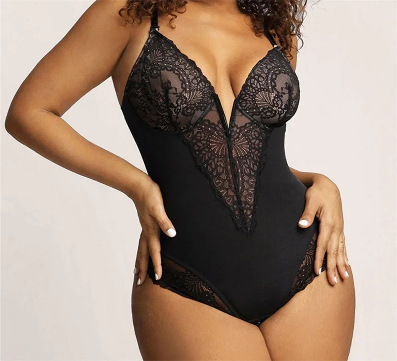 thumbnail image 1 of Nuevo body moldeador de encaje para mujer, escote en V profundo, control de abdomen, camisetas sin mangas, traje de cuerpo, tangas esculpientes sin costuras, moldeador de cuerpo, 1 of 5