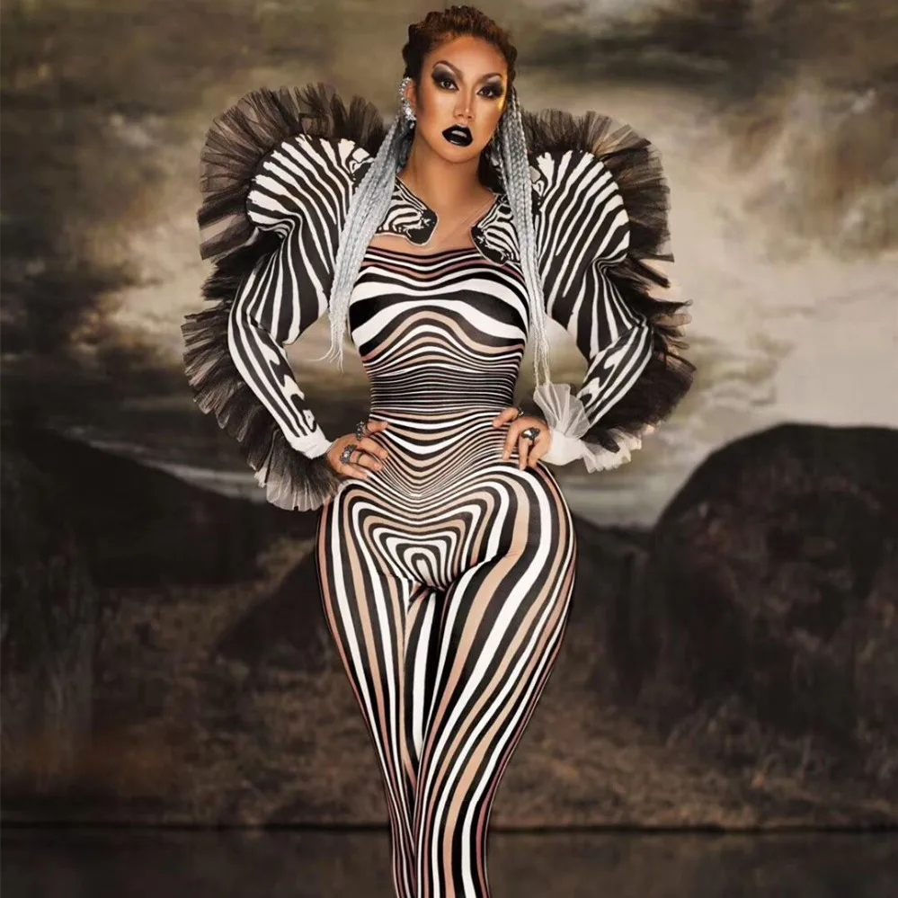 

Nightclub Role Playing Costume Halloween Women Zebra pattern Jumpsuit Stretch Leotard Jumpsuits Cosplay Costume Party Show Wear