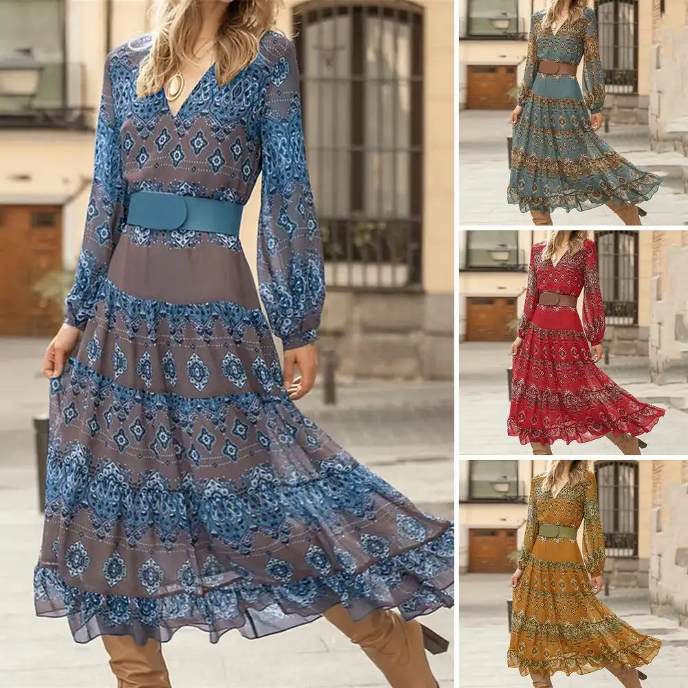 

Women Long Sleeve Floral Midi Dress Vintage Print A-line Dress Feminine Bohemian Style with Flattering High Waist Long Sleeves