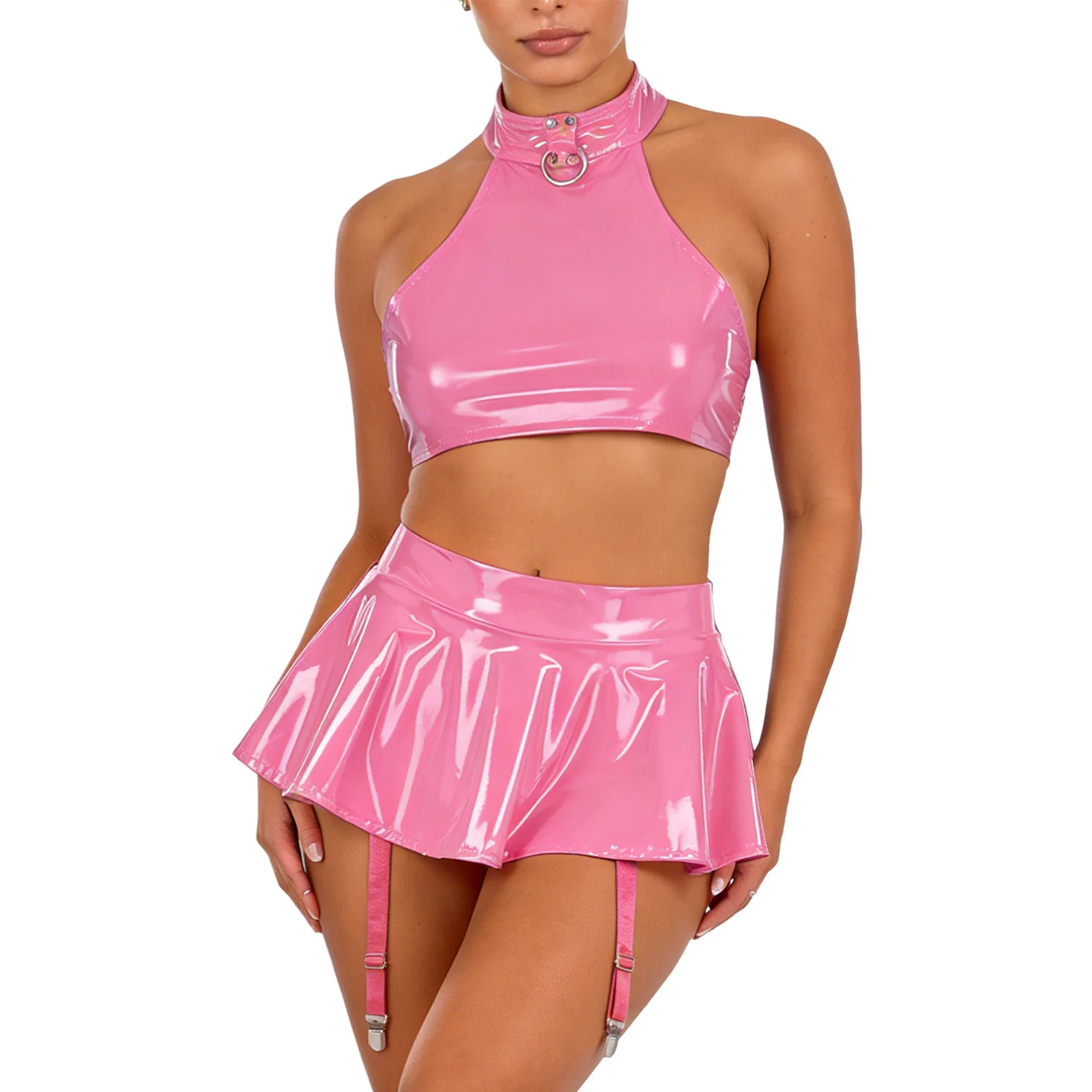 Damen-Lingerie-Set aus Lackleder, Nachtclub-Rave-Outfit, O-Ring-Neckholder-Top mit Rückenfreiem Design und integrierten Strings, Rüschen-Minirock – Detail 4