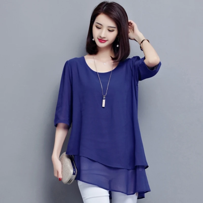 large-size-chiffon-women-2024-fat-mm200-catty-korean-version-of-loose-top-five-quarter-sleeve-fake-two-mid-length-women's-wear