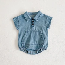 

Toddler Baby Girl Denim Romper Summer Casual Solid Short Sleeve Bodysuits for Infants Cotton Soft Kids Clothes Girls Costumes