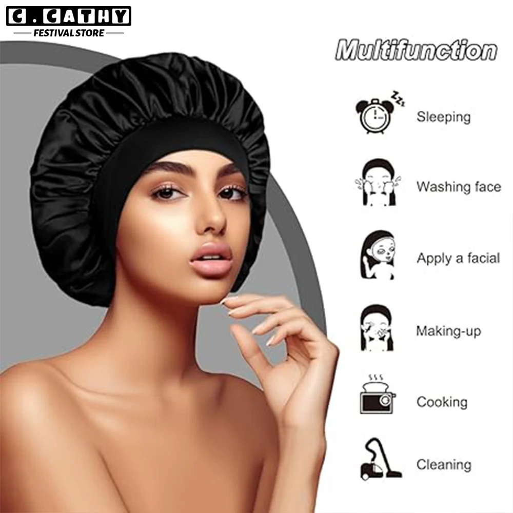 Satin Silk Hair Bonnet For Sleeping Women Wide Brim Sleep Cap Hair Bonnet For Curly Hair Showercap Children Men