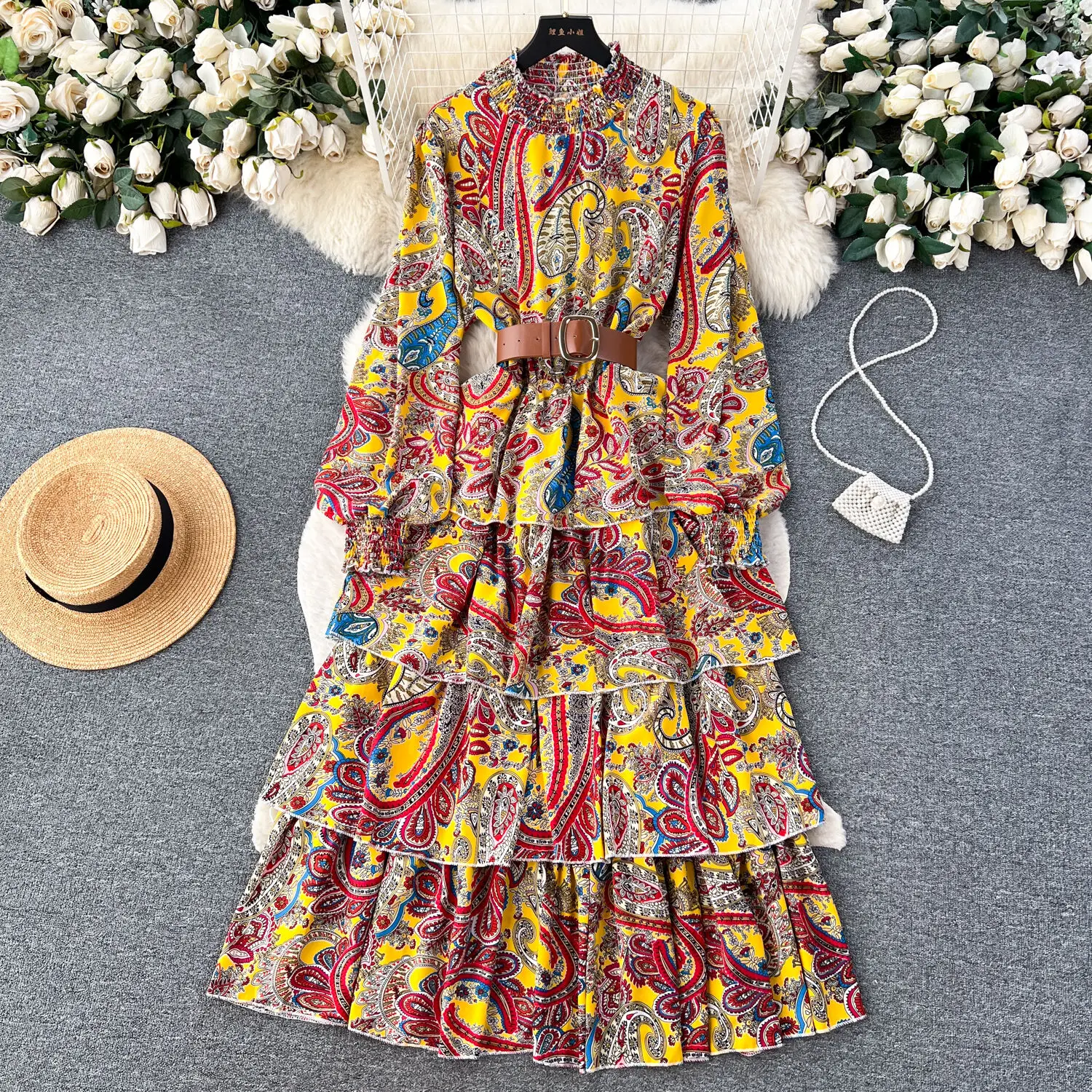 

French Retro Style Spring Autumn Dress Women Elegant Floral Print Stand Collar Long Sleeve Belted Multi Layered Long Party Dress