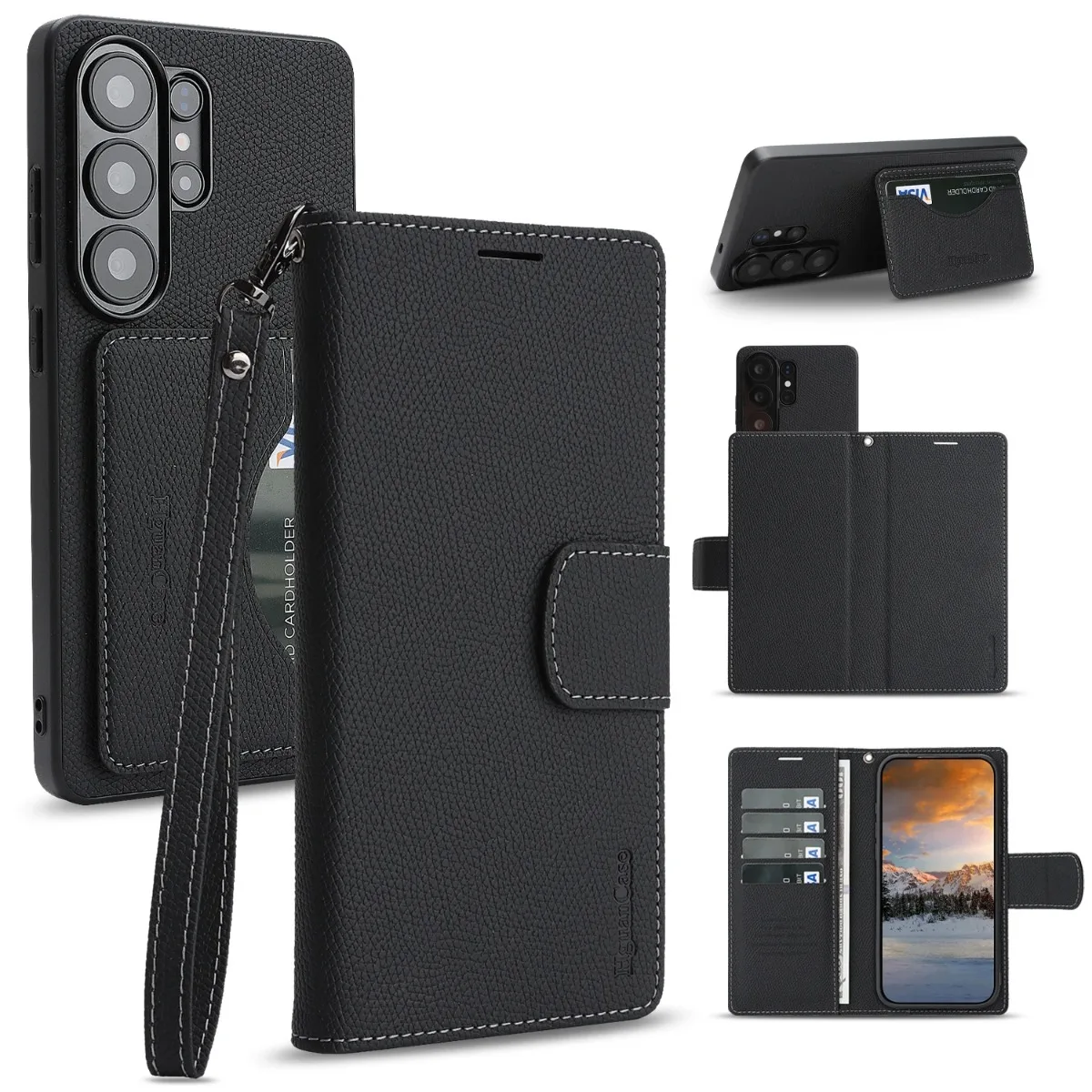 Detachable RFID Blocking Wallet Phone Case with Wrist Strap