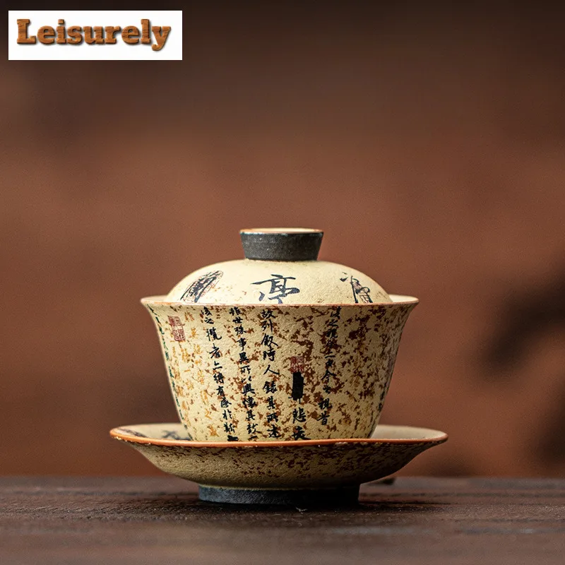 133ml Hand-painted Lanting Preface Firestone Red Gaiwan Retro Tea Tureen Tea Bowl With Lid Kit Tea Making Cover Bowl Supplies