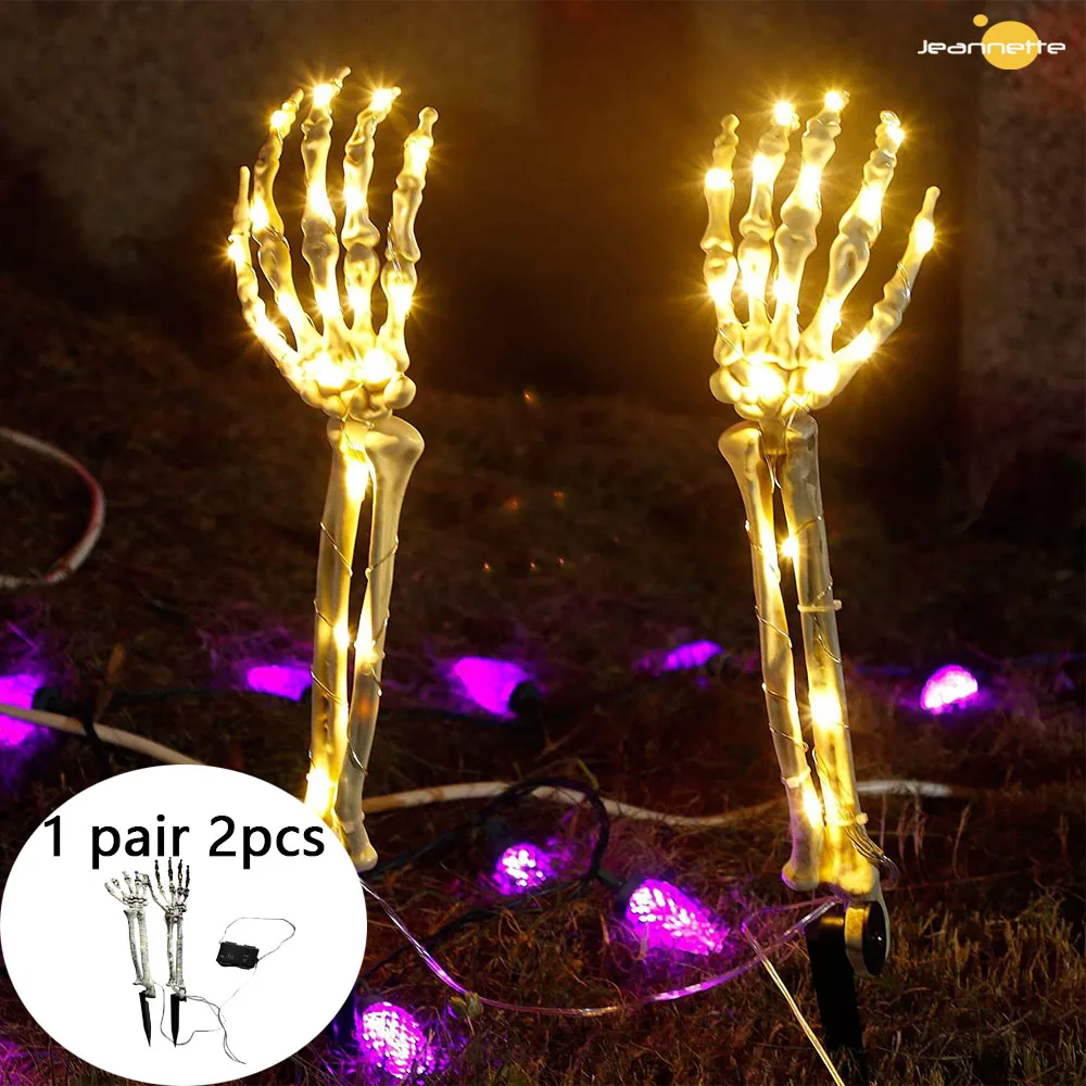 1 pair Halloween Skeleton Hand Ground Solar Lights Outdoor Lighted String Luminous Ghost Hand Arm Stakes Layout Props Decor Lamp led lights halloween ghost pumpkin face led string lights ornament in multicolor size one size
