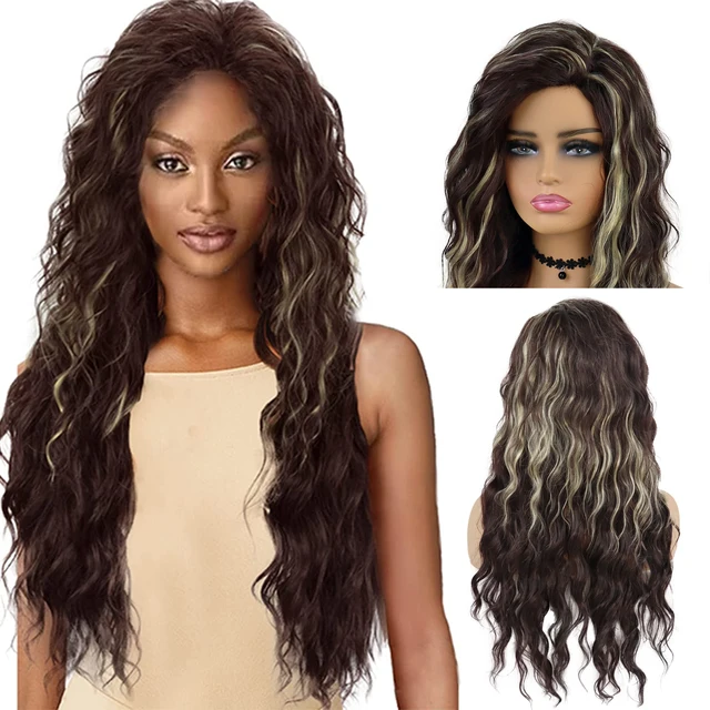 GNIMEGIL Synthetic Long Curly Wigs for Women Ombre Blonde Wig with Bangs Costume Wig for Girls Sexy Blond Wigs with Dark Roots Mix Brown