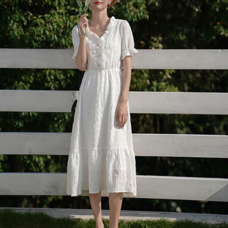 

V-neck Midi Dress Women White Sweet Ruffles Design Temper Preppy Style Casual A-line Trendy Fairycore Aesthetic Students Holiday