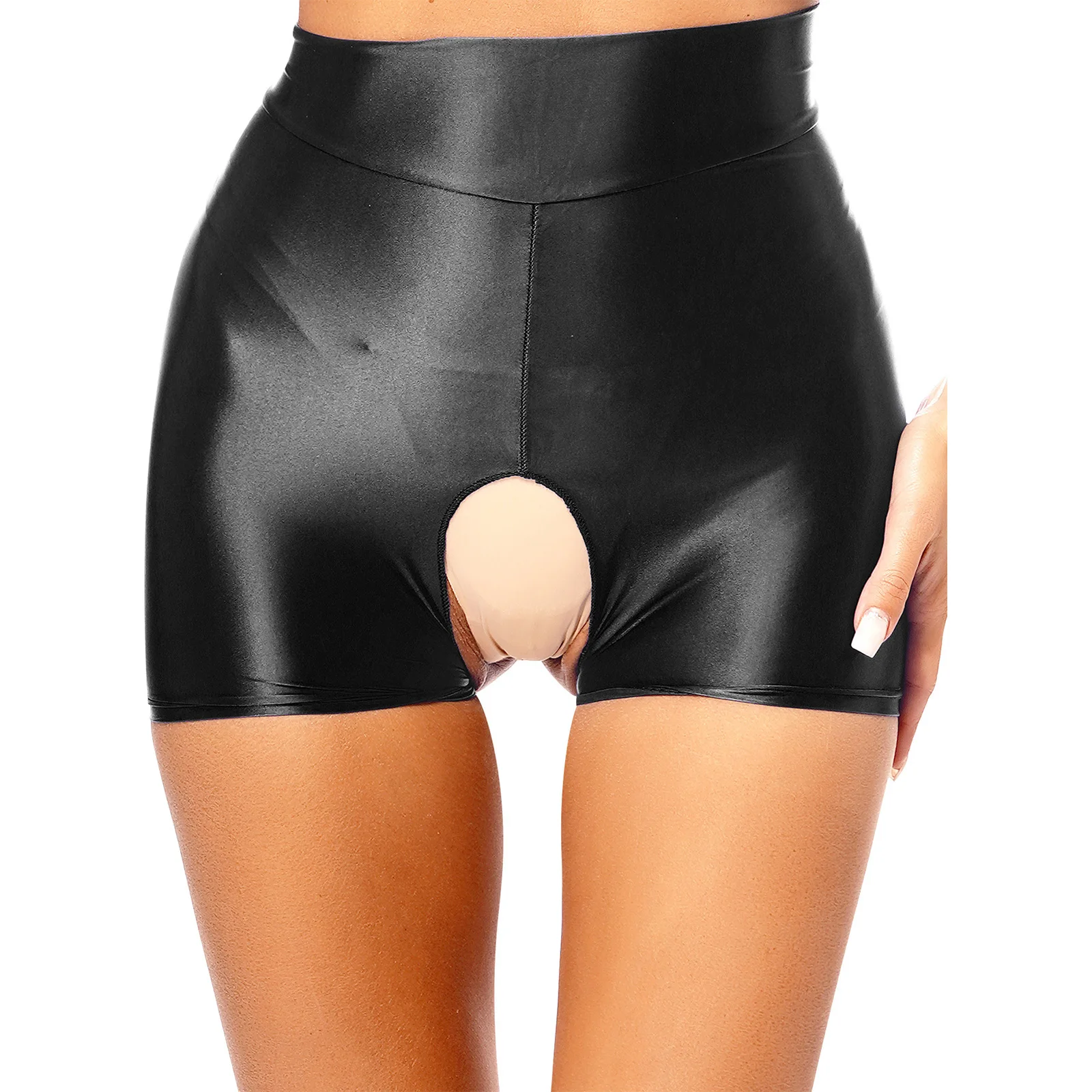 Sexy Womens Glossy Open Crotch Boxer Shorts Underwear Tummy Control Glossy Shapewear Exotic Lingerie for Gym Yoga Nightwear