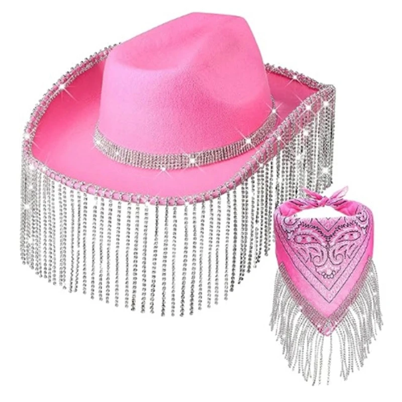 Womens Fringed Bandana Cowgirl Rhinestones Tassels Bandana & Weatern Cowboy Hat for Disco Party Music Festival