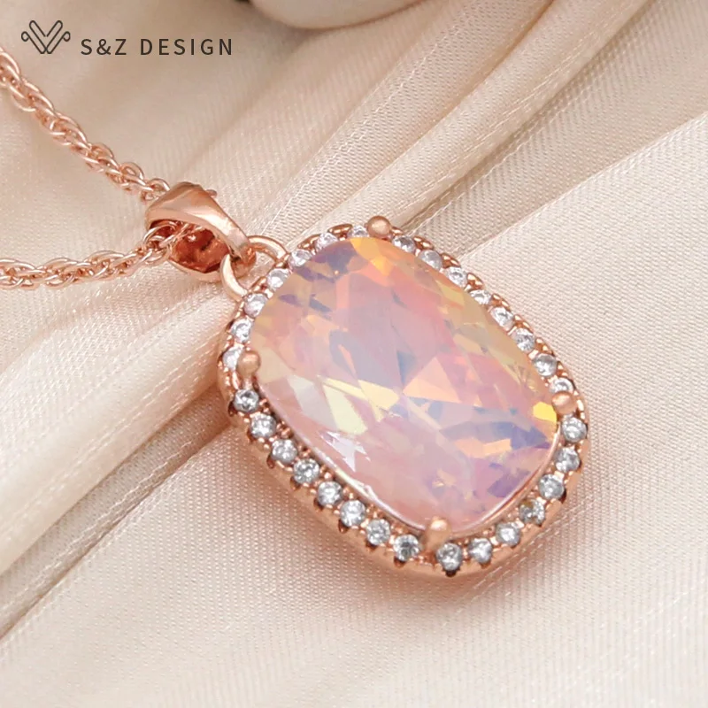 S&Z DESIGN New Fashion Elegant 585 Rose Gold Color Rectangle Crystal Pendant Necklace For Women Wedding Zirconia Jewelry