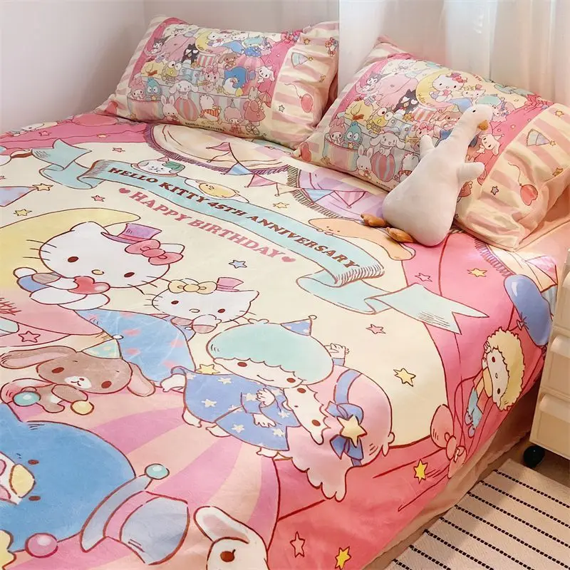 

3/4 Piece Set Sanrioed Hello Kitty Kuromi Cartoon Winter Thickened Milk Duvet Cover Bed Sheet Kawaii Plush Girl Bed Supplies