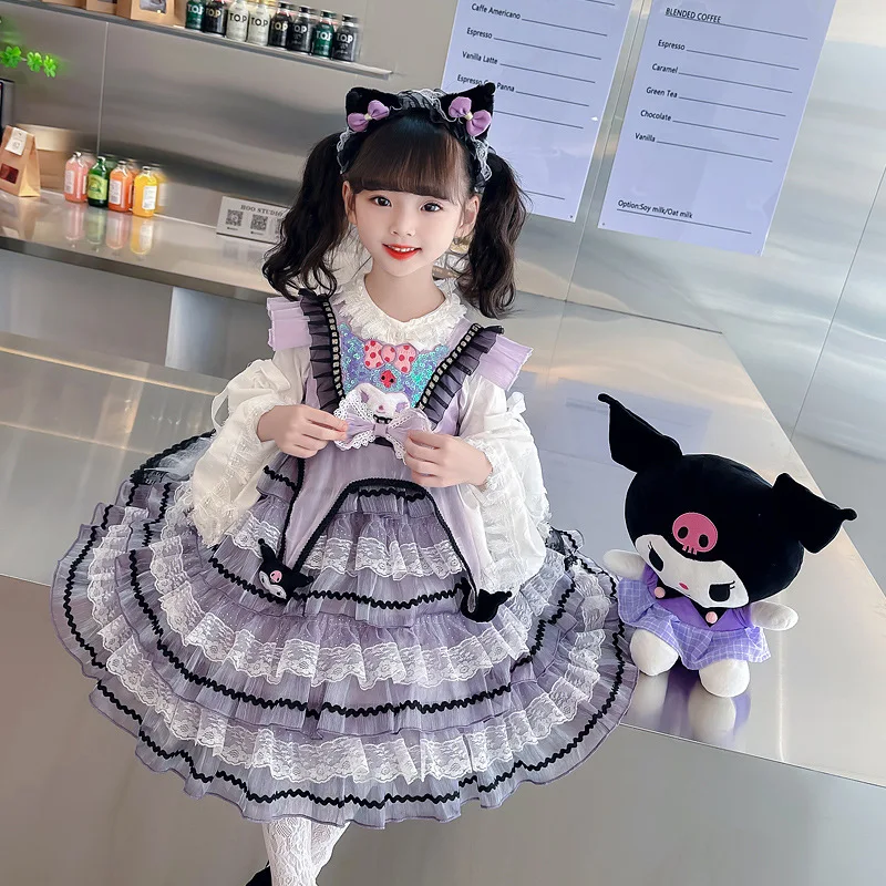

Kids Autumn Winter Lolita Skirt Set Princess Dress Kuromi Halloween Cosplay Long Sleeves Dress Anime Sanrio Girls Party Dresses