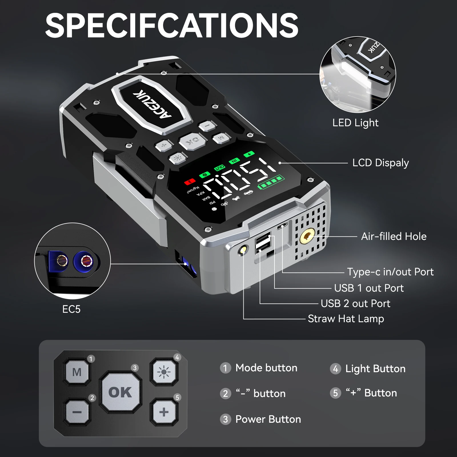 ACEZUK Car Jump Starter Power Bank Portable Air Compressor Inflator Pump Power Station 5000A Battery Starter Auto Booster car jump starter jump starter