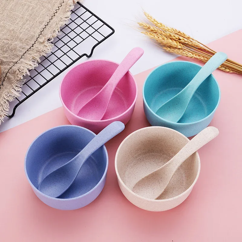 

Чаша из пшеничной соломы и ложка в комплекте для детей, чаша для риса, фруктовая овсянка, Подарочная чаша, портативные столовые приборы
